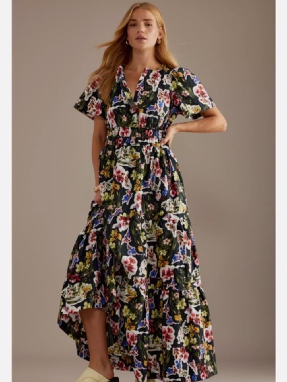 Anthropologie Black Floral Somerset Tiered Maxi Dress Size Large